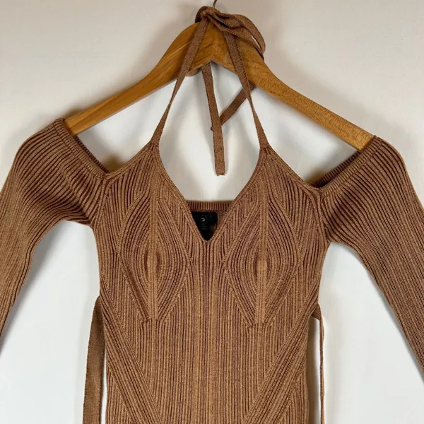NBD Brown Ribbed Knit Stasia‎ Halter Wrap Midi Dress Small - Image 6