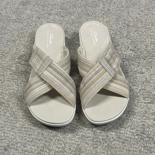 Clarks Arla Wave Slide Sandals Womens 9 Tan Beige Strappy Adjustable Slip On - Image 3