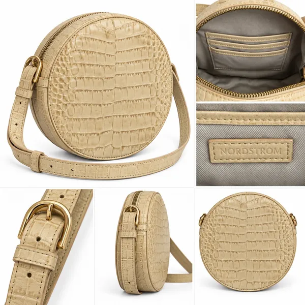 Nordstrom Beige Croc Embossed Round Crossbody Bag Gold Hardware Adjustable Strap - Image 2