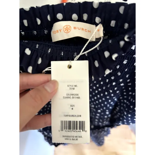 Tory Burch Printed Ruffle Dress Polka Dot Smocked Midi Navy White NWT Size M - Image 6