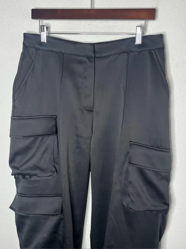 House of CB Black Satin Cargo Daria Straight Leg Trouser Pants Size Large Tall - Image 4