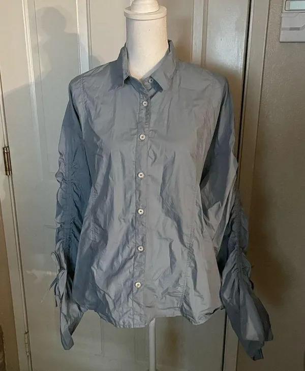 Free People Light Blue Ruched Sleeve Button Down Blouse - Image 4