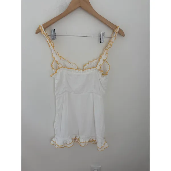 Privacy Please White Yellow Ruffle Trim Tie Front Mini‎ Dress XS Cottagecore - Image 3