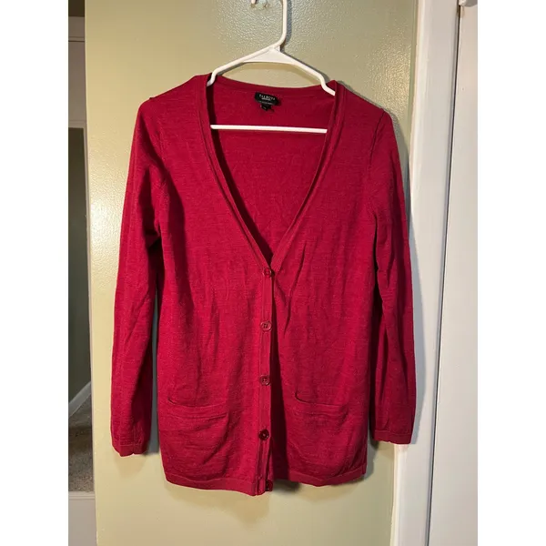 Talbots Women's Size Medium Cardigan Sweater V-Neck Pockets Deep Red Merino Wool - Image 2