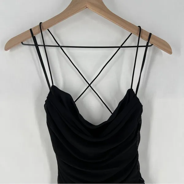 Windsor LBD Black Sheer Mesh Ruched Gathered Strappy Cowl Neck Mini Dress‎ - Image 2