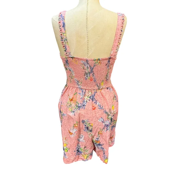 Ranna Gill S Len Scallop Romper Pink Floral Linen Smocked Garden Brunch Bohemian - Image 9
