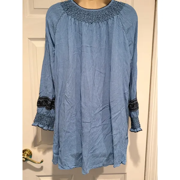 Free People Blue Embroidered Tunic Top‎ S Boho Peasant Tassel Mini Dress Blouse - Image 7