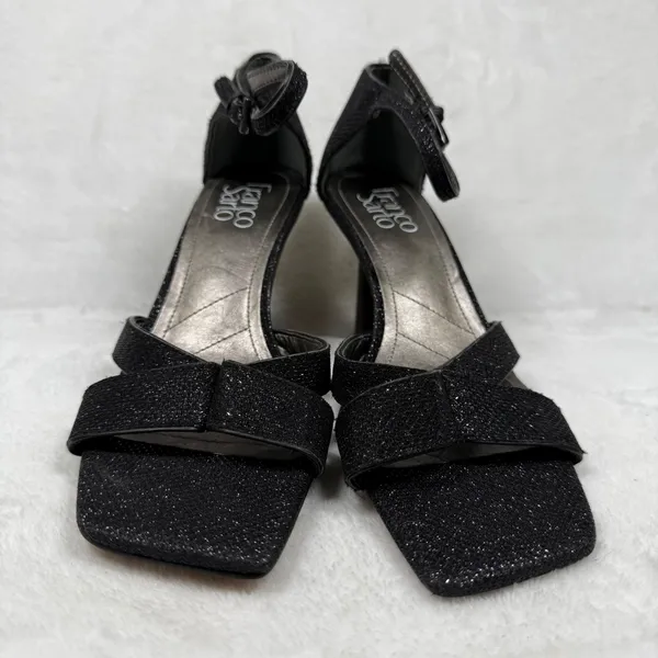 Franco Sarto Black Glitter Square Toe Strappy Ankle‎ Strap Sandals Heels 7.5 - Image 2