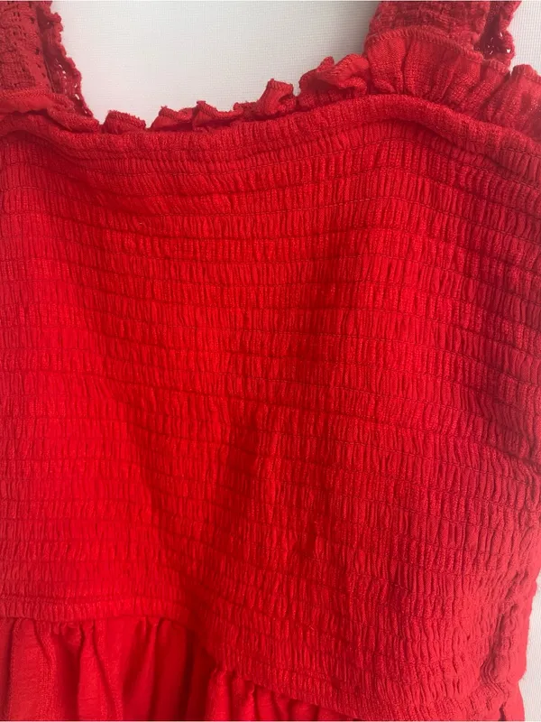 Japna red smocked tank top lace straps ruffle hem summer top shirt S - Image 2