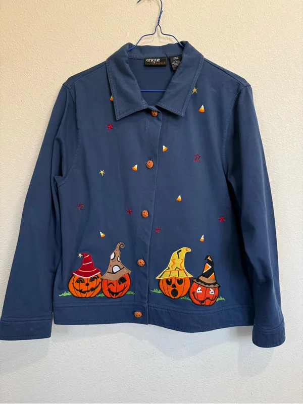 Vintage Onque Casuals Halloween Pumpkin Jacket L Witchy Whimsigoth Embroidered - Image 2