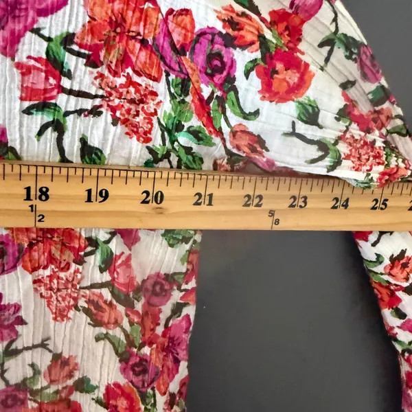 Floral Long Sleeve Tie Neck Blouse Pink Orange White Crinkle Boho Top‎ Womens XL - Image 5