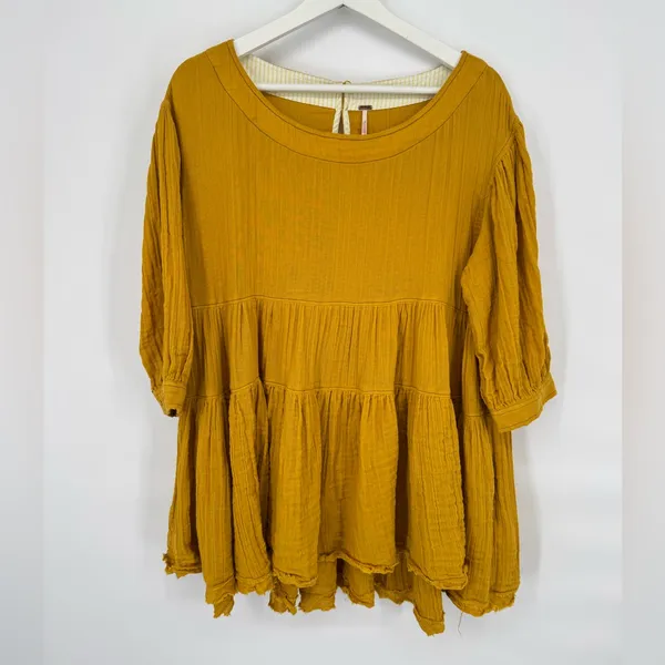 Free People Mustard Yellow Oversized Gauze Cotton Boho Tunic Top Medium‎ - Image 2