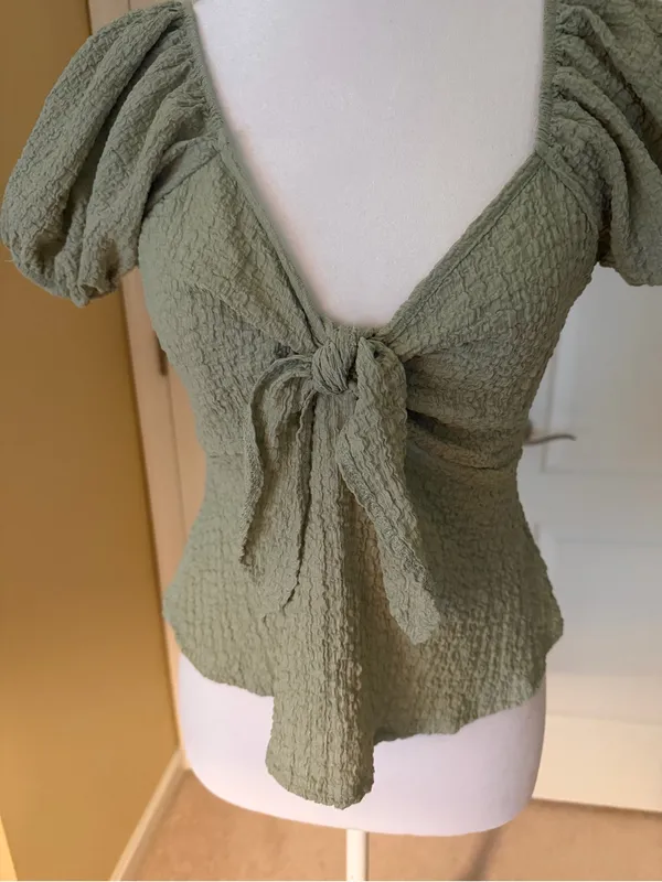 See You Monday Sage Green Puff Sleeve Tie-Front off shoulder Blouse - Image 2