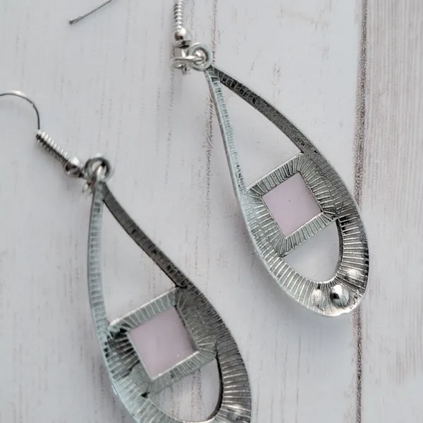 Long Silver Tone, Pink, Clear Gem Dangle Earrings - Image 5