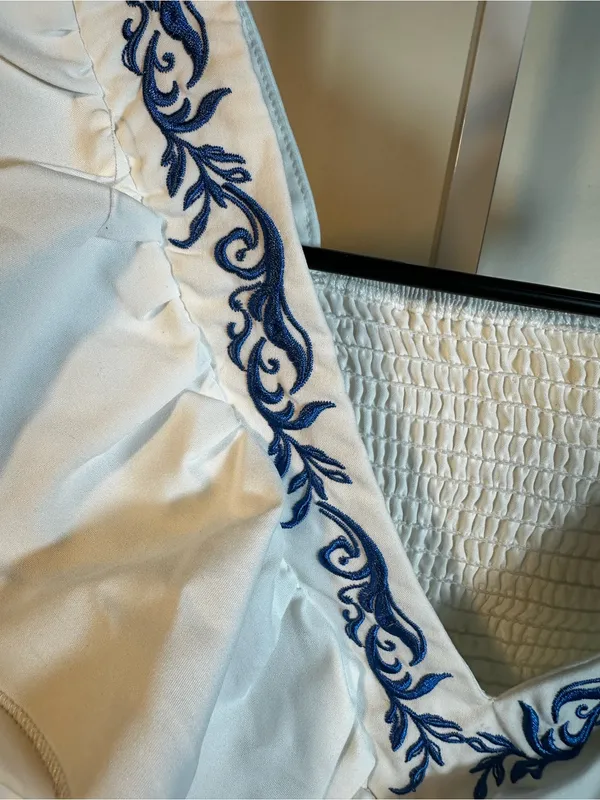 X77. Exquisite Women’s White Ruffle Peplum Top with Blue Embroidery - Image 2
