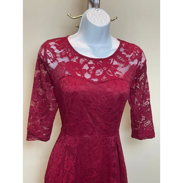 Anette NWT Small Red Wine Lace Dress High Low Hem Sheer Sleeves Lined - Image 2
