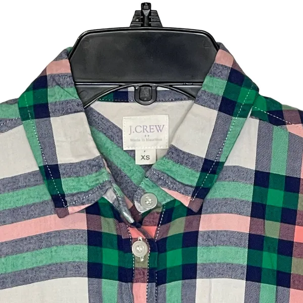 J. Crew‎ Flannel Shirt Size XS Boy Fit Green Pink White Plaid 100% Cotton Womens - Image 2