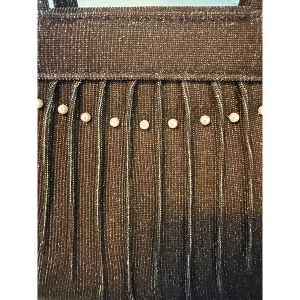 Retro y2k Brown Shimmer Pleated Faux Pearl Top Handle Evening Bag boho whimsi da - Image 3