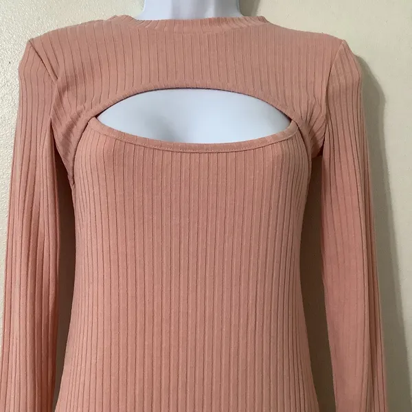 Yi Lhi Lian Pink Ribbed‎ Bodycon Glam Club Feminine Keyhole Neck Mini Dress S - Image 2
