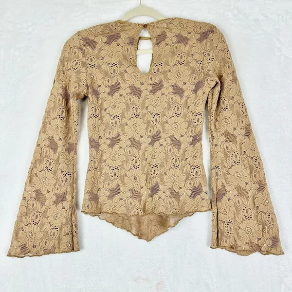Vintage 579 Y2K Lace Mesh Jewelled Bell Sleeve Top Size XS Keyhole Fairy - Image 2