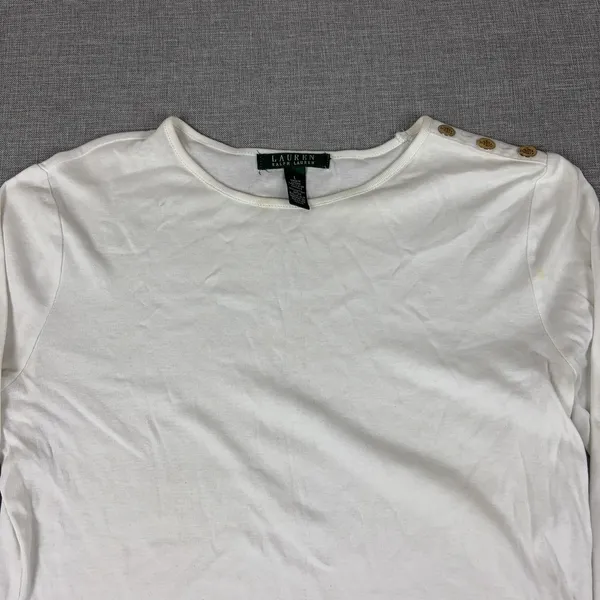 Lauren Ralph Lauren T-Shirt Womens L White‎ Long Sleeve Crew Neck Buttons - Image 3
