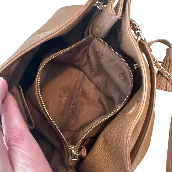 Tory Burch Pebbled Leather Chain Tote‎ Brown Camel Slouchy Bag - Image 15