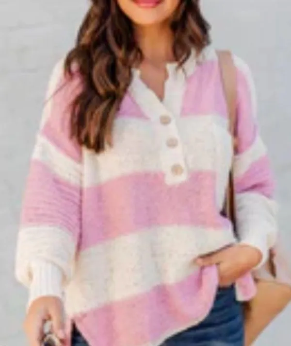 Pink Lily Know You Best Mauve Striped Henley Sweater - Image 2