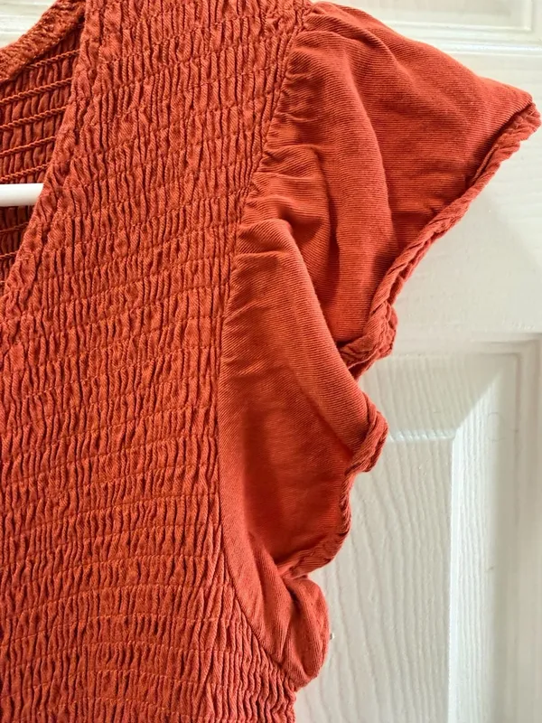MEROKEETY Tiered Maxi Dress Size M Rust Orange Smocked Bodice - Image 4