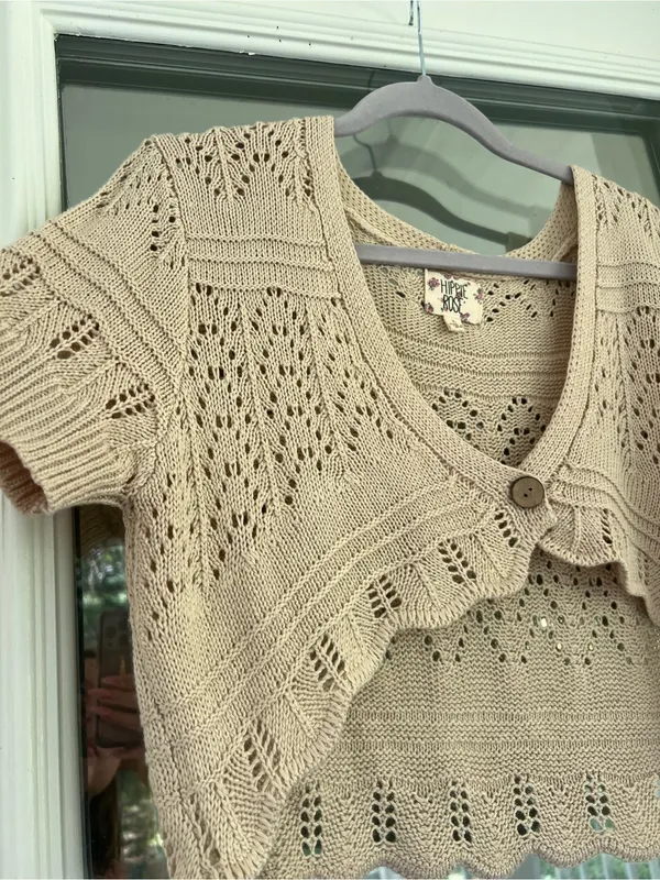 Hippie Rose Beige Crochet-Knit Short Sleeve Cardigan - Image 3