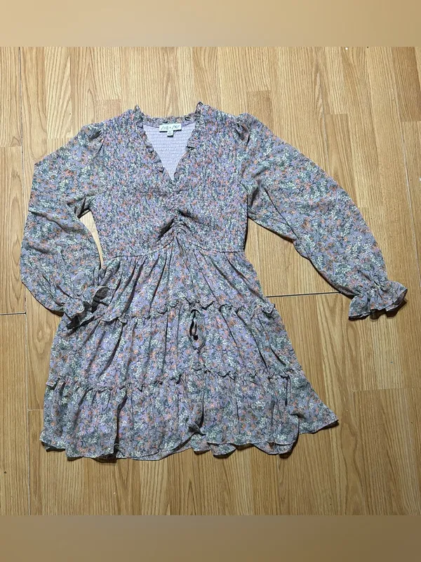 Floral Smocked Waist Tiered Long‑Sleeve Dress - Pastel Floral ladies Medium - Image 3
