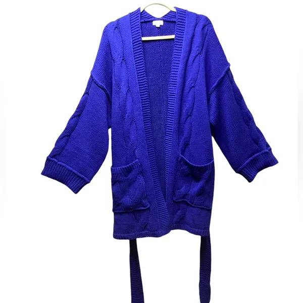 POL chunky cable knit sweater Long open front Belted cardigan Royal Size M/… - Image 4