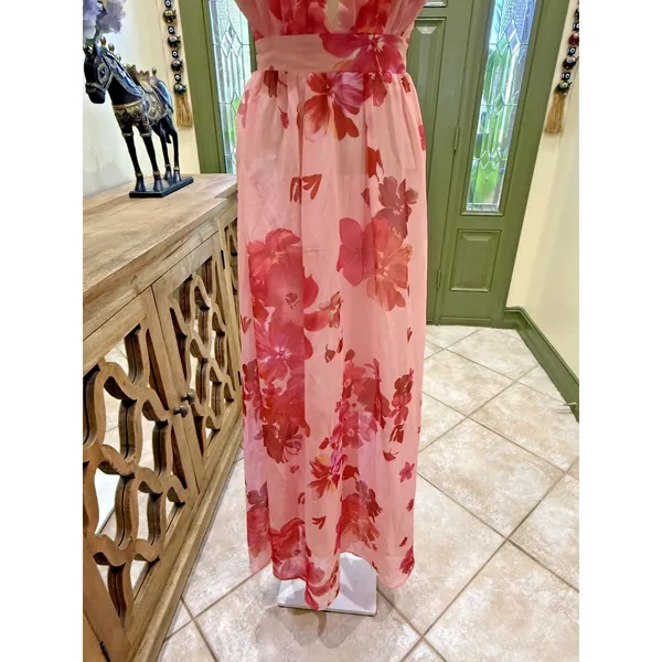 Pink Floral Deep V Maxi Dress | Size Small - Image 4