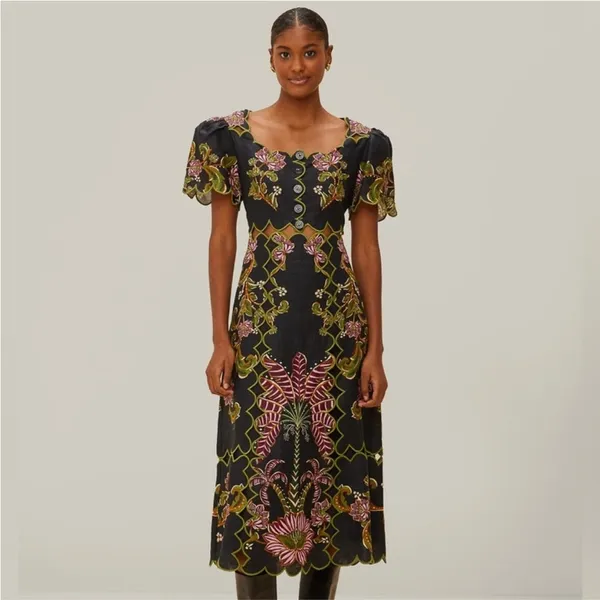 Farm Rio Black Ravenala Short Sleeve Maxi Dress XS - Image 2