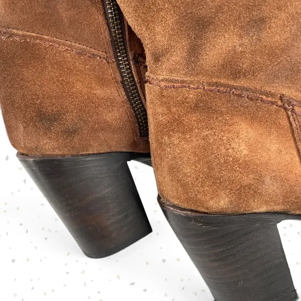 Freebird by Steven Brock Boots Brown Tan Suede Tall Heel Leather OTK Fall Boho 9 - Image 9