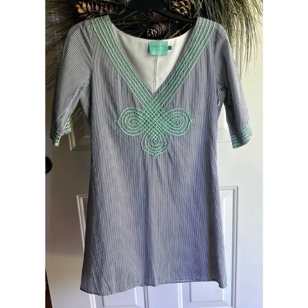 Judith March Blue and White Pinstriped Dress Mint Green Embroidery Size Small - Image 2