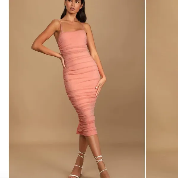 NWT Lulu's Here to Dazzle Coral Metallic Ruched Mesh Bodycon Midi Dress - Image 2