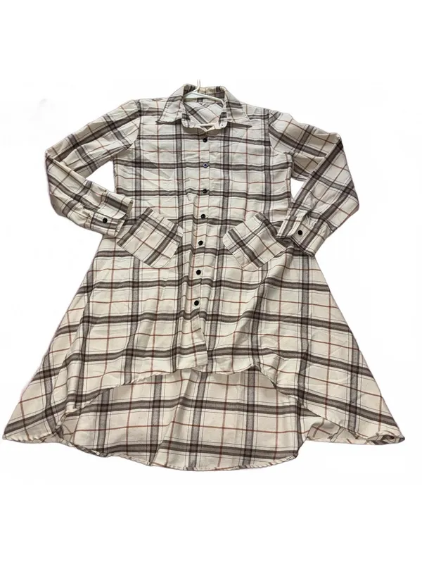 Asymmetrical Hem Plaid Long Sleeve Shirt Dress Tunic Flannel Style - Image 6