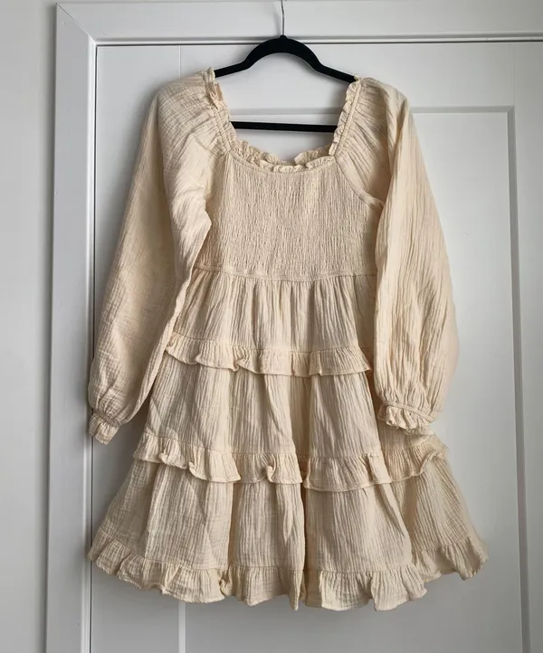 &merci taupe brown Puff Sleeve Babydoll ruffled Mini Dress sz S - Image 4