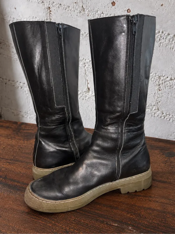 Vintage no NY Black Leather Platform Boots Mid Calf Y2K Chunky Goth Punk 9 - Image 5