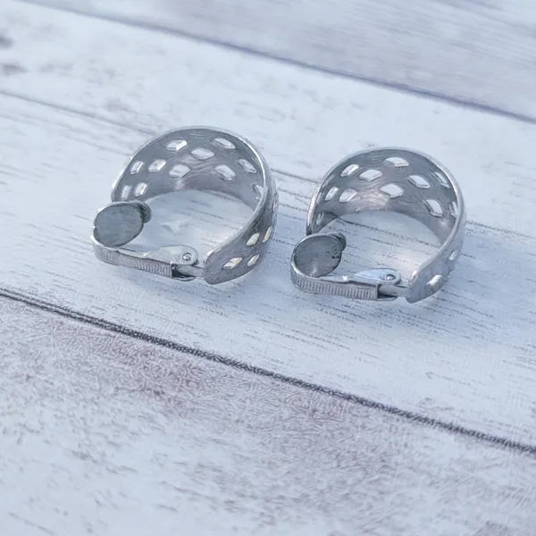 Vintage Clip On Earrings Silver Tone Cut Out Design Hoops with Pattern - Image 7