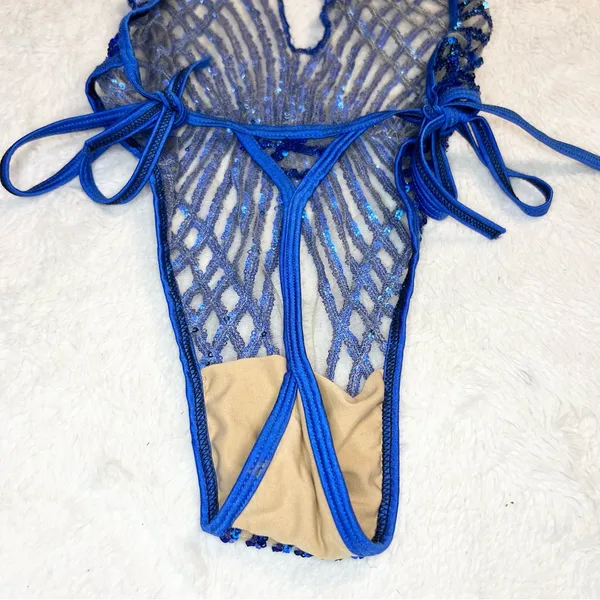 Brazilian Blue Sequin Sheer Plunge One-Piece Thong Side Tie Swimwear Size Small - Image 9