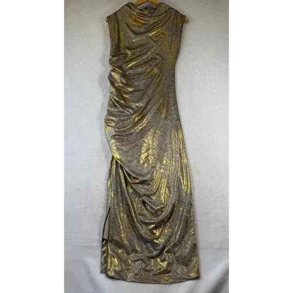 Anthropologie Gold Metallic Maxi Dress Sleeveless Ruched‎ Slit Cowl Neck S NEW - Image 11