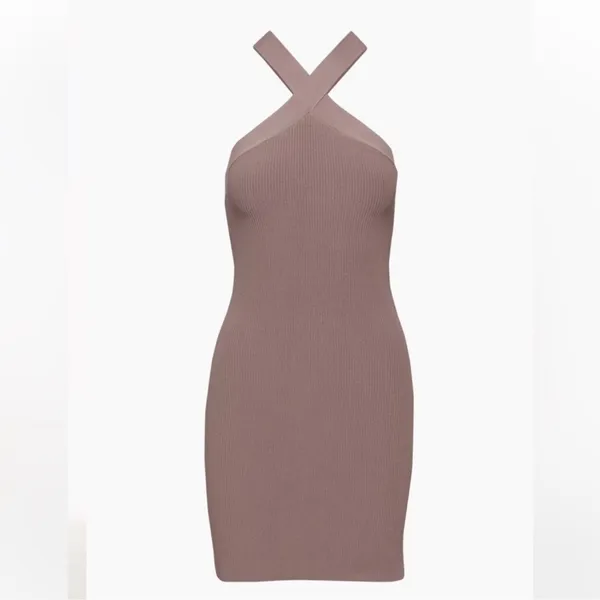 ARITZIA BABATON Sculpt Knit Criss Cross Mini Ribbed Dress Brown Size Large‎ - Image 2
