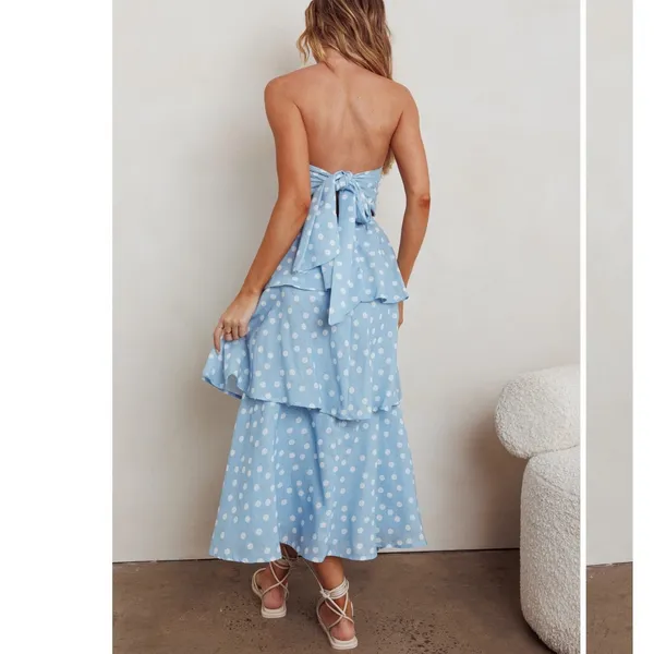 Indikah Lorcan strapless ruffle dotted midi white blue dress tie back‎ tiered XL - Image 3