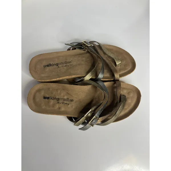 Walking Cradles Wedge‎ Sandals Womens 9W Metallic Gold Silver Bronze Strappy - Image 3