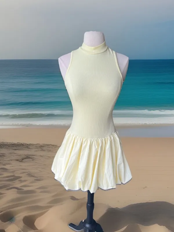 Sleeveless Pastel Yellow Bubble Hem Mini Dress Summer - Image 12