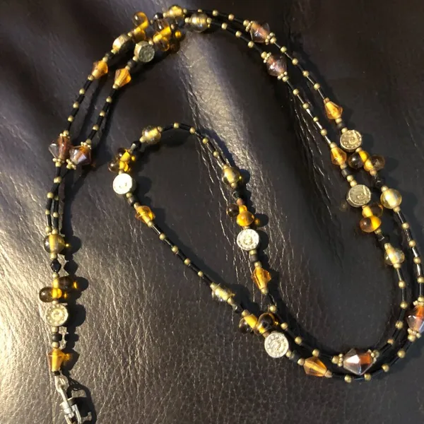 Brown Gold Amber AB beaded ID Badge Holder/Lanyard 40" - Image 3
