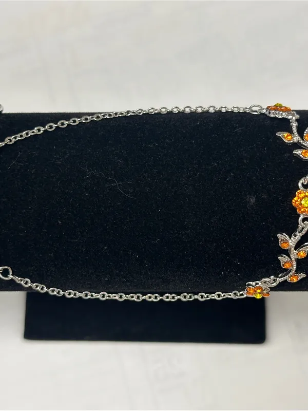 Silver Floral Bracelet with Bright Orange Crystal Accents - Image 10