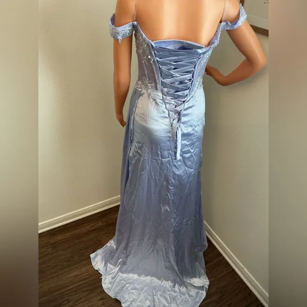 Lavender Lace Corset Formal Gown Off Shoulder Satin Dress - Image 2