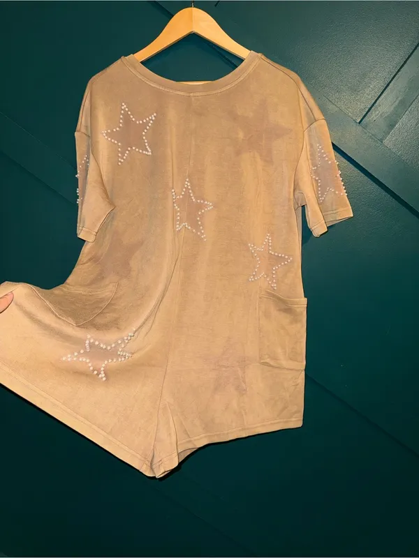 Davi & Dani Camel Casual Romper with Pearl Stars Western Chic Coastal Cowboy - Image 4